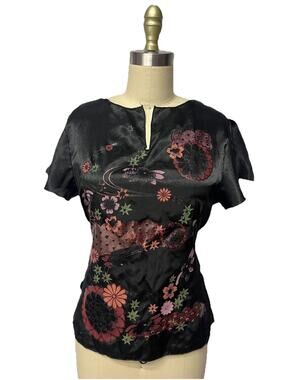 Vintage Y2K Whimsigoth Black Satin Waist Tie Floral Painted Flutter Sleeve Top